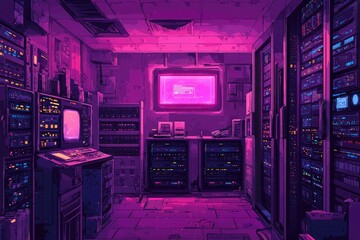 Retro Futuristic Server Room Digital Artwork
