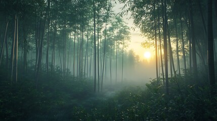 Obraz premium A misty morning in a bamboo forest with the sun rising behind the tall stalks 