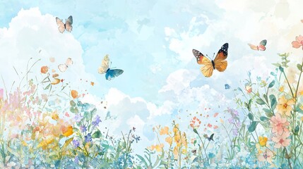 A watercolor-style illustration depicting a vibrant spring scene filled with colorful butterflies, blooming flowers, and soft, dreamy skies, capturing the essence of nature’s renewal.