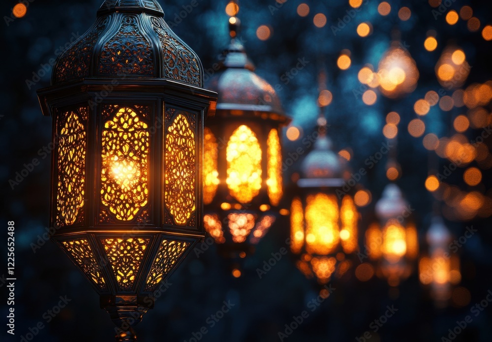 Poster intricately designed lanterns glowing softly against a dark background with bokeh lights creating a 