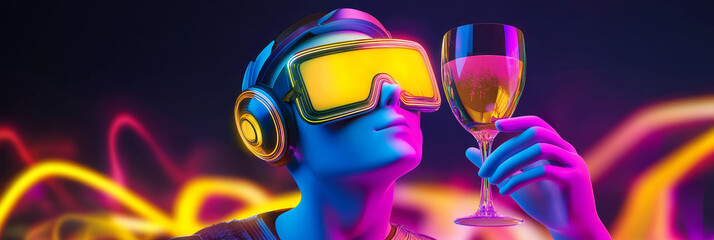Naklejka premium Virtual Reality Wine Tasting Experience - Person wearing VR headset and holding wine glass, vibrant neon background. Futuristic digital art.