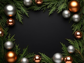 Elegant Christmas Border Frame with Silver and Copper Ornaments