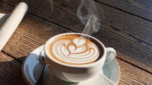 A heartwarming 4K close-up of a steaming hot latte in a beautifully crafted ceramic cup, set on a rustic wooden table. 