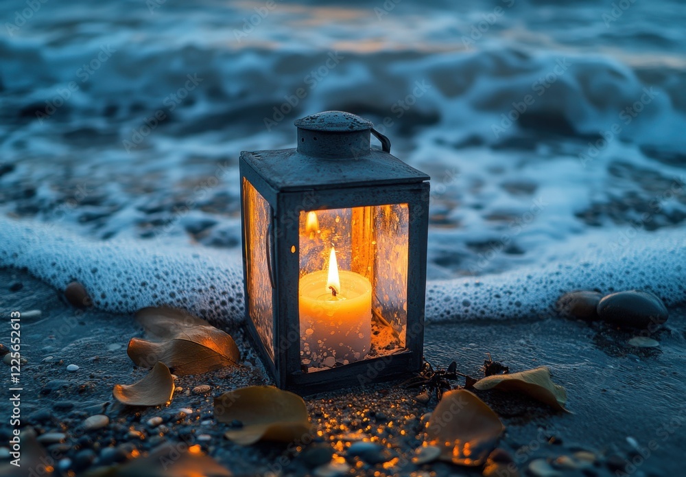 Poster lantern with candle on beach shore captured at dusk with gentle waves and distinctive pebbles creati