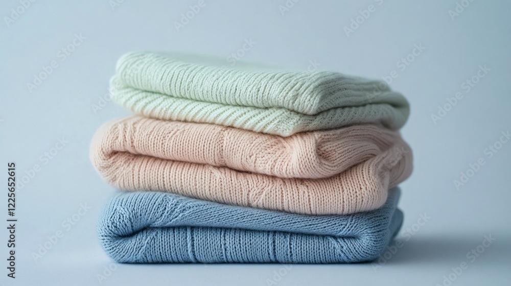 Poster three pastel colored sweaters are neatly folded in a stack on a blue background