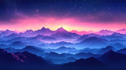 Pink And Blue Mountains Under Starry Sky