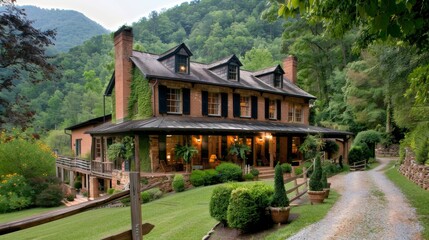 Fototapeta premium Charming Brick Farmhouse With Covered Porch Nestled in Lush Green Valley, Tranquil Country Retreat