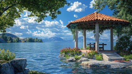 Fototapeta premium Lakeside gazebo tranquility; scenic view, calm water, peaceful getaway