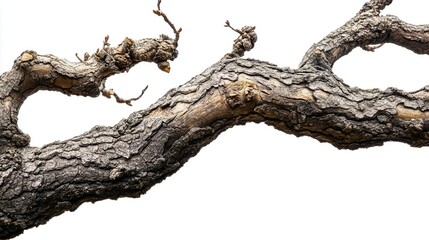 Fototapeta premium gnarled ancient oak branch with intricate bark patterns and delicate twigs against pure white, high contrast macro photography