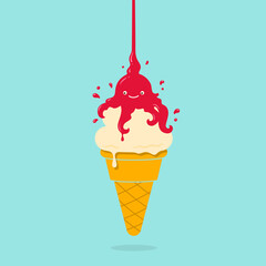A cute and playful illustration of an ice cream cone with a fruit syrup topping in the shape of a cheerful octopus.