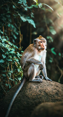 Monkey perched on rock surrounded by greenery in a natural habitat during daylight