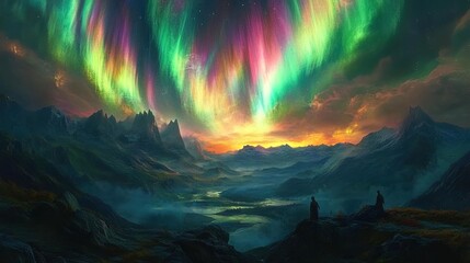 A vibrant fantasy landscape with colorful auroras dancing across the sky, illuminating a peaceful valley filled with life 