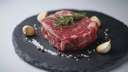 Raw ribeye steak with garlic, rosemary, salt, and pepper. Food photography for restaurant menu