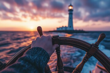 Hand steering ship towards lighthouse at sunset over ocean waves