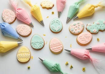 Colorful easter egg cookies with icing bags in pastel colors on white background