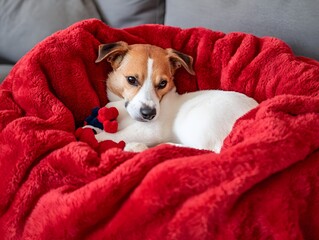 Cute Jack Russell Terrier Puppy Snuggling in Red Blanket