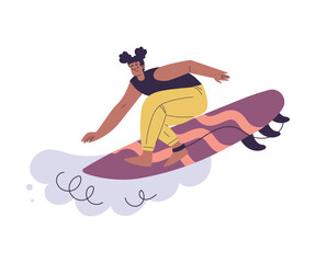 Woman Surfer Character with Surfboard Ride Ocean Wave Vector Illustration