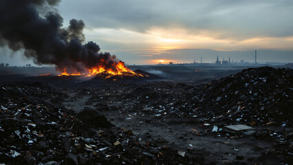 Fototapeta premium Garbage and fire burn in landfill. Also call trash, waste, rubbish. Destruction with combustion, heat, flame. Occurs smoke, toxic cause of air pollution, environmental damage and global warming.