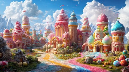 A vibrant city made of candy and sweets, with whimsical architecture and cheerful inhabitants, a land of joy and fantasy 