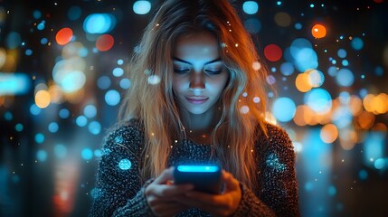 Close-up of a woman's hand holding a mobile phone with digital icons floating in the background, a technology concept
