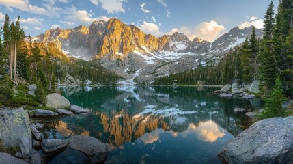 Fototapeta premium majestic alpine panorama with crystal-clear turquoise mountain lake, snow-capped peaks reflecting in still waters, golden hour lighting, pristine wilderness