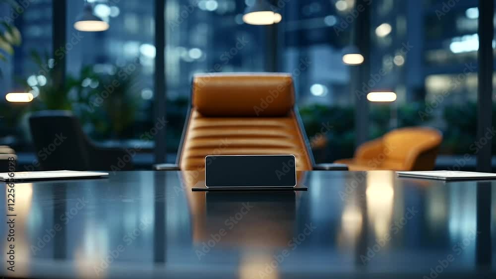 Aufkleber an empty cardholder-style nameplate rests on a round table surrounded by ergonomic chairs in a conte