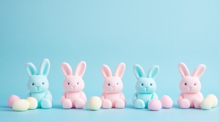 Obraz premium Easter bunny shaped marshmallows in pink and blue tones lined up on light blue background with place for text