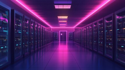 Fototapeta premium Neon Glow Server Room - Futuristic Tech Infrastructure