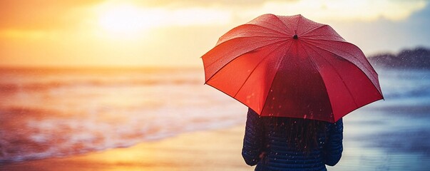 Woman with a red umbrella enjoying a stunning beach sunset after the rain