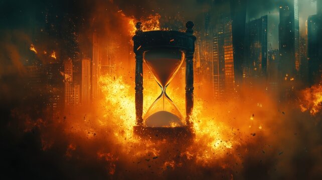 Dramatic hourglass in apocalyptic urban inferno