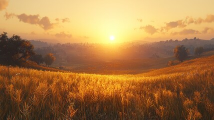 Fototapeta premium Golden Grassland Sunset Over Rolling Hills