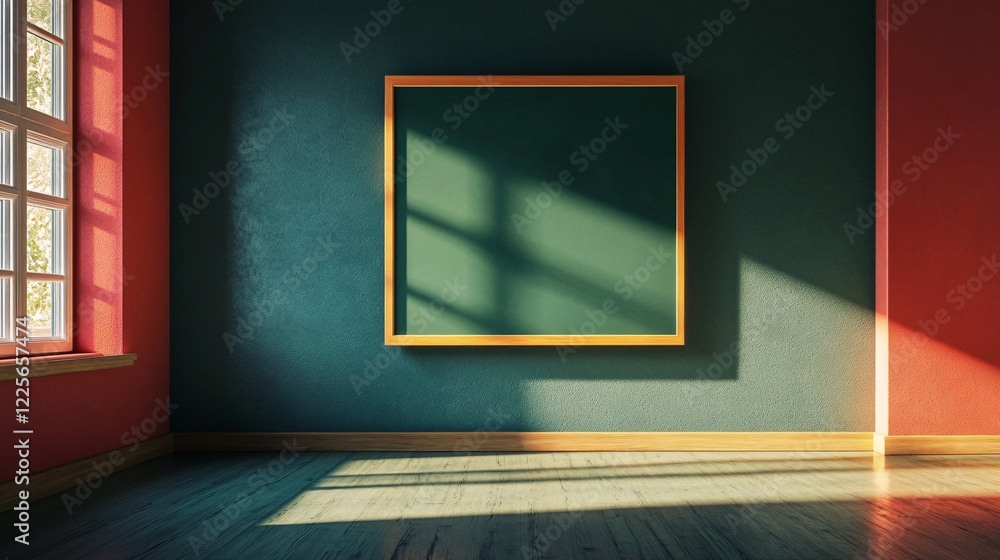Poster Sunlight streaming into an empty room and illuminating a blank chalkboard