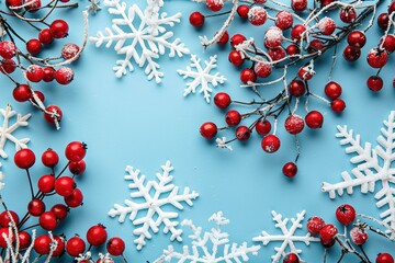 Christmas or winter composition. Snowflakes and red berries on blue background. Christmas, winter, new year concept. Flat lay, top view, copy space