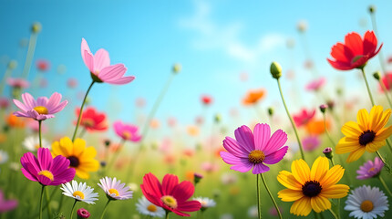 A vibrant meadow of cosmos and daisies under a bright blue sky. Low angle captures vivid spring blooms with soft focus, bokeh, and macro details in a dreamy, cheerful landscape.
