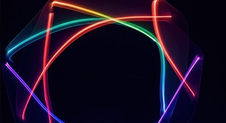 Colorful neon light trails forming circular patterns on dark background