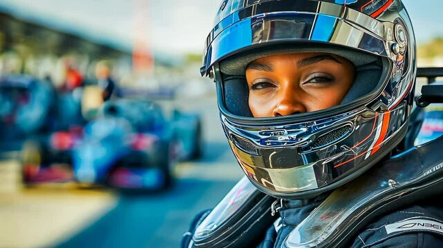Young African American female racer at racetrack, vibrant cars. Woman in helmet focused on competition. Racer prepares for high-speed race. Confidence and anticipation fill the pit. Excitement,