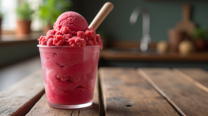 Refreshing Red Ice Cream in a Clear Cup with a Wooden Spoon on a Rustic Table