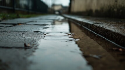 A small puddle with ripples on a wet cobblestone street after rain.
