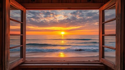 Fototapeta premium Wooden Window Frames Ocean Sunset View