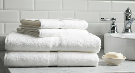 Stack of fresh white towels with soap in modern bathroom setting