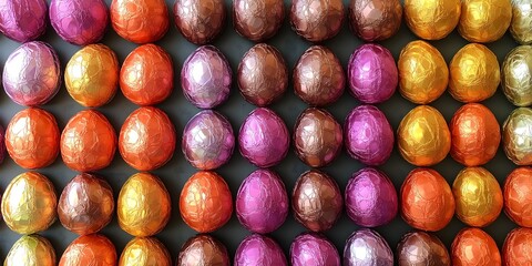 Chocolate Egg Collection: A vibrant array of foil-wrapped chocolate eggs in assorted autumnal colors, arranged in neat rows, creates a visually appealing and delicious pattern.