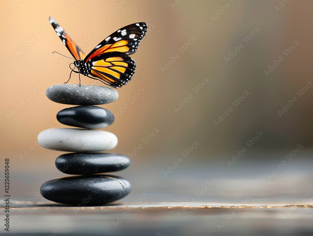 Canvas Prints A vibrant monarch butterfly perched gracefully on a stack of smooth stones, symbolizing balance and tranquility. balance harmony of nature