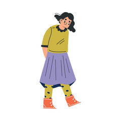 Girl Kid Stand Look Guilty and Confused Vector Illustration