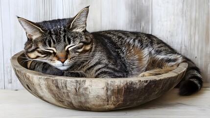 Adorable Tabby Cat Sleeping Peacefully in Wooden Bowl