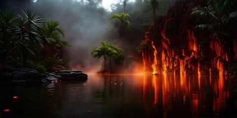 Mystical Jungle with Fiery Waterfall Reflections and Misty Atmosphere, Surreal Tropical Landscape