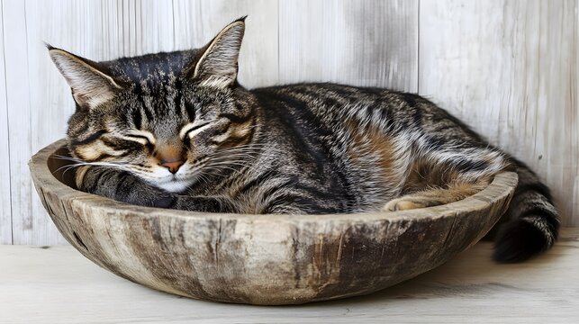 Adorable Tabby Cat Sleeping Peacefully in Wooden Bowl - Powered by Adobe