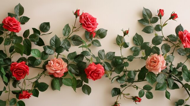 Elegant White Background Framed by Pink Roses and Lush Green Leaves Creating a Romantic and Serene Atmosphere for Various Decor Purposesand porpose day 
