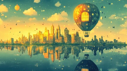 Naklejka premium Magical Hot Air Balloon Soaring Over Cityscape
