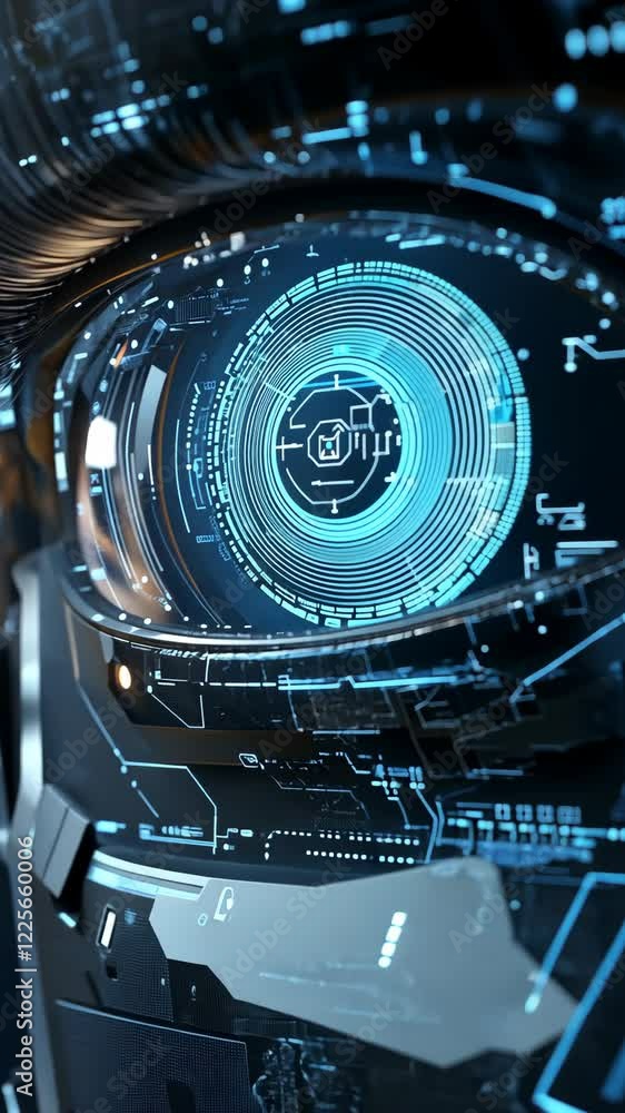 Poster detailed close-up of a futuristic robotic eye showcasing advanced technology and digital interfaces 