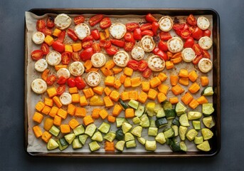 Colorful roasted vegetables on baking tray with zucchini, peppers, and tomatoes